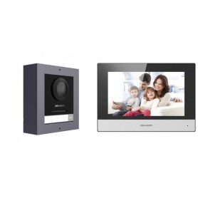 Kit videointercom IP Hikvision DS-KIS602(B), contine: DS-KD8003- IME1(B)/Surface × 1, DS-KH6320-WTE1 × 1, 4-port standard PoE sw