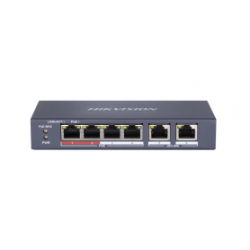 Switch PoE Hikvision DS-3E0106P-E/M(B): 4 x 10/100Mbps PoE port, and 2 × 10/100Mbps RJ45 port, 4 porturi PoE maxim 30W, buget Po