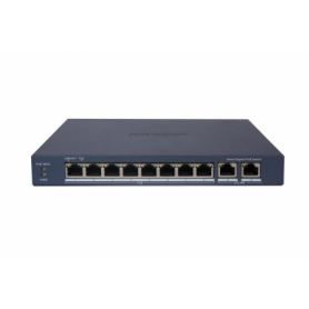 Switch PoE Hikvision DS-3E1510P-EI: 8 × Gigabit PoE port, 2 × Gigabit RJ45 port maxim 30W, buget PoE 110W, tensiune alimentare 5