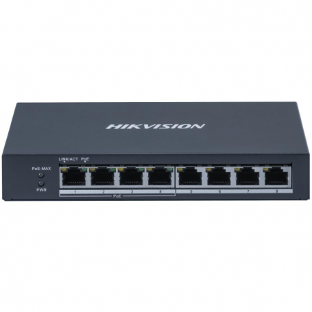 Switch PoE Hikvision DS-3E0508P-O: 4 × Gigabit PoE port, 4 × Gigabit RJ45 port, PoE: Ports 1 to 4 maxim 30W, buget PoE 60W, tens